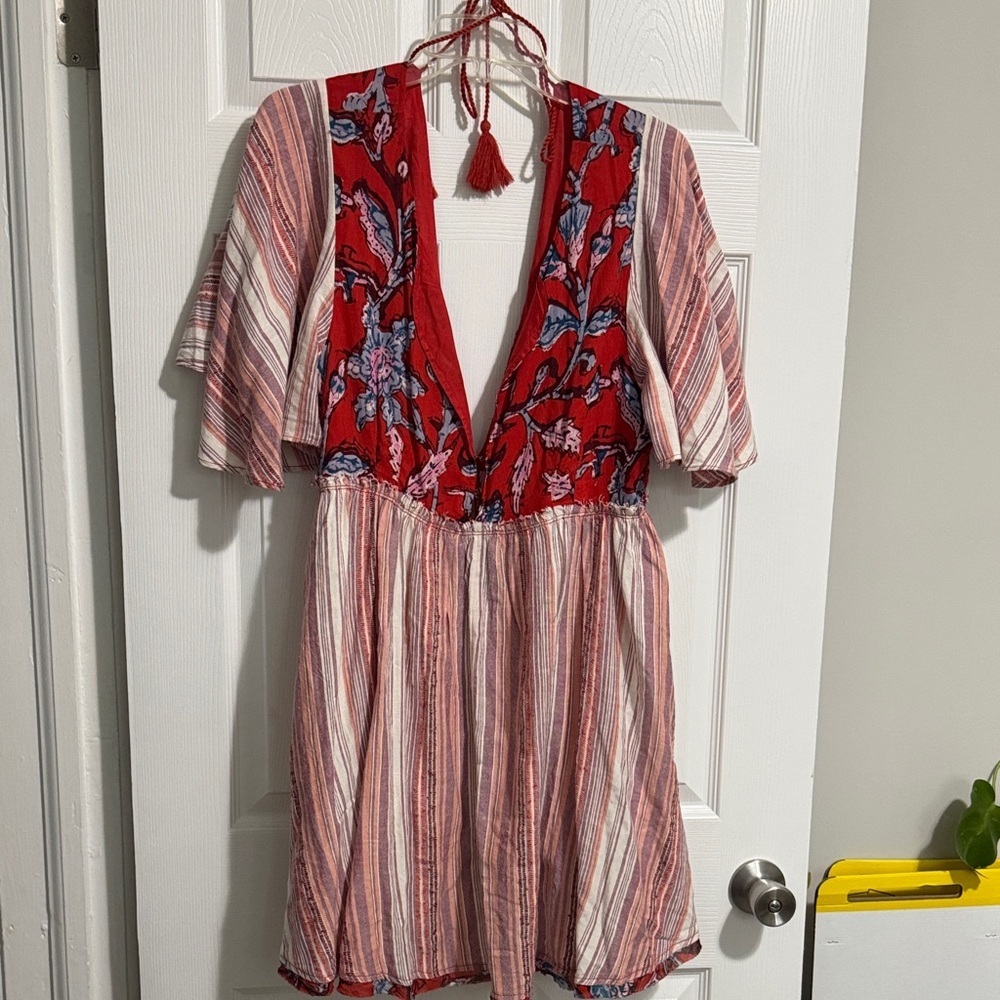 NWT FREE PEOPLE Red and Blue Floral Striped Dress